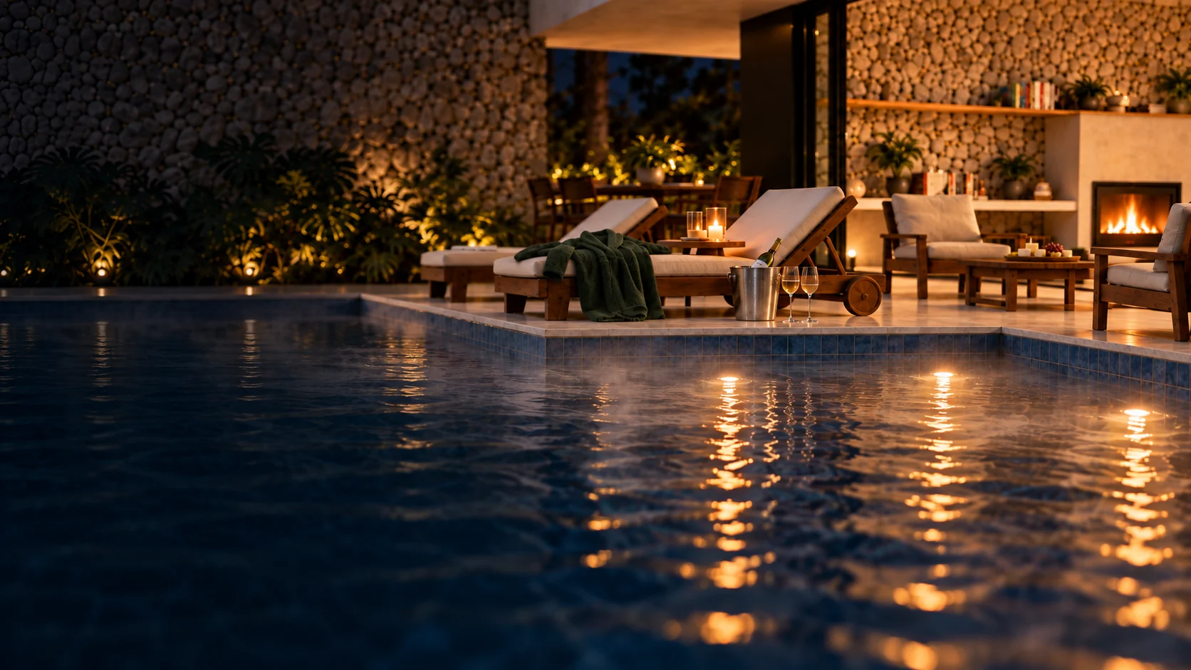 Piscina com reflexos e uma das casas do ARA iluminada à noite.