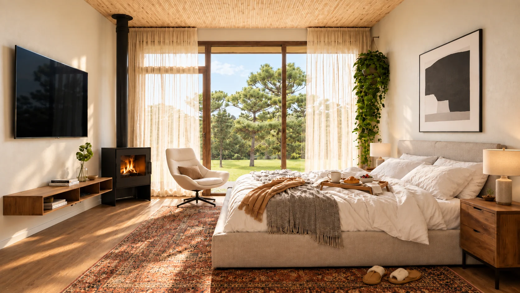 Suíte com cama preparada e vista para o jardim.
