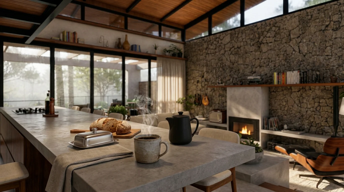 Café servido na bancada da cozinha integrada ao living.