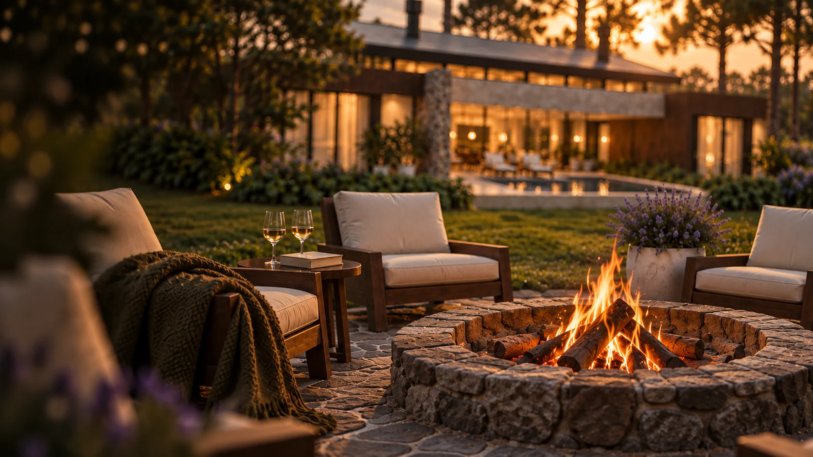 Fire pit no jardim com uma das casas do ARA iluminada ao fundo.