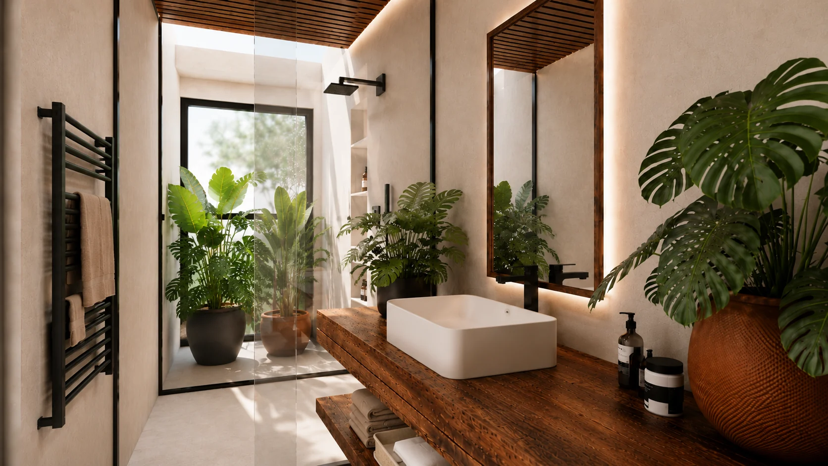 Bancada do banheiro e jardim junto ao box.