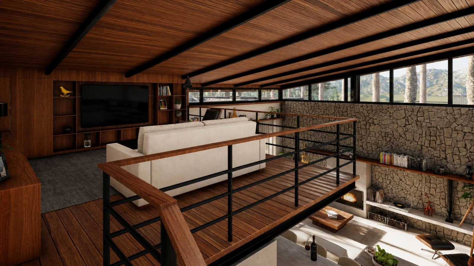 Mezanino com Home Theater, sofá e vista para o living do ARA.