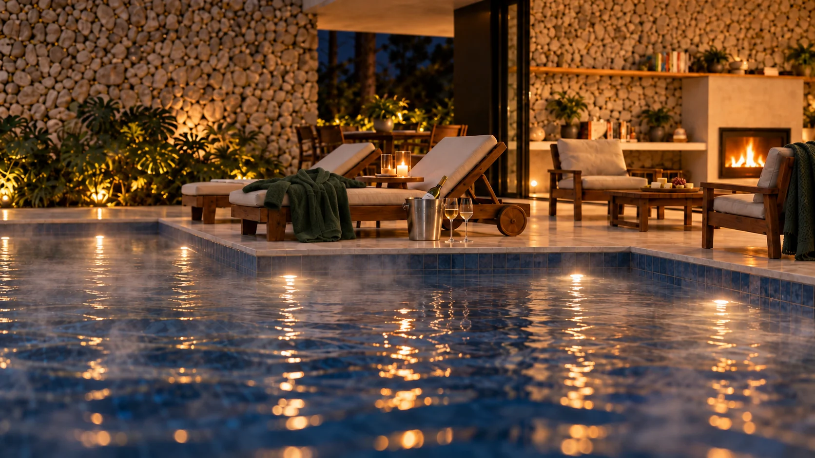 Piscina e área externa iluminadas ao entardecer.