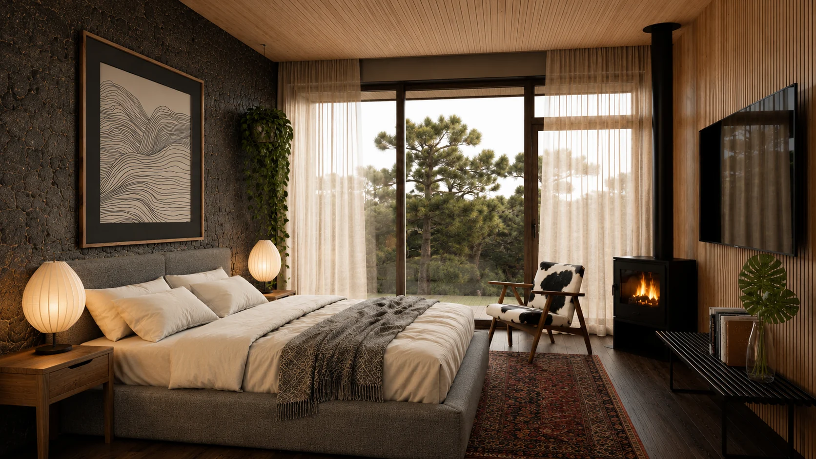 Suíte 1 com cama, poltrona e calefator a lenha.