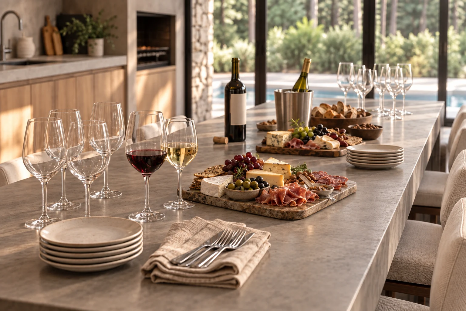 Bancada preparada para receber amigos e familiares, com taças, vinhos e tábuas de frios, junto à piscina do ARA.