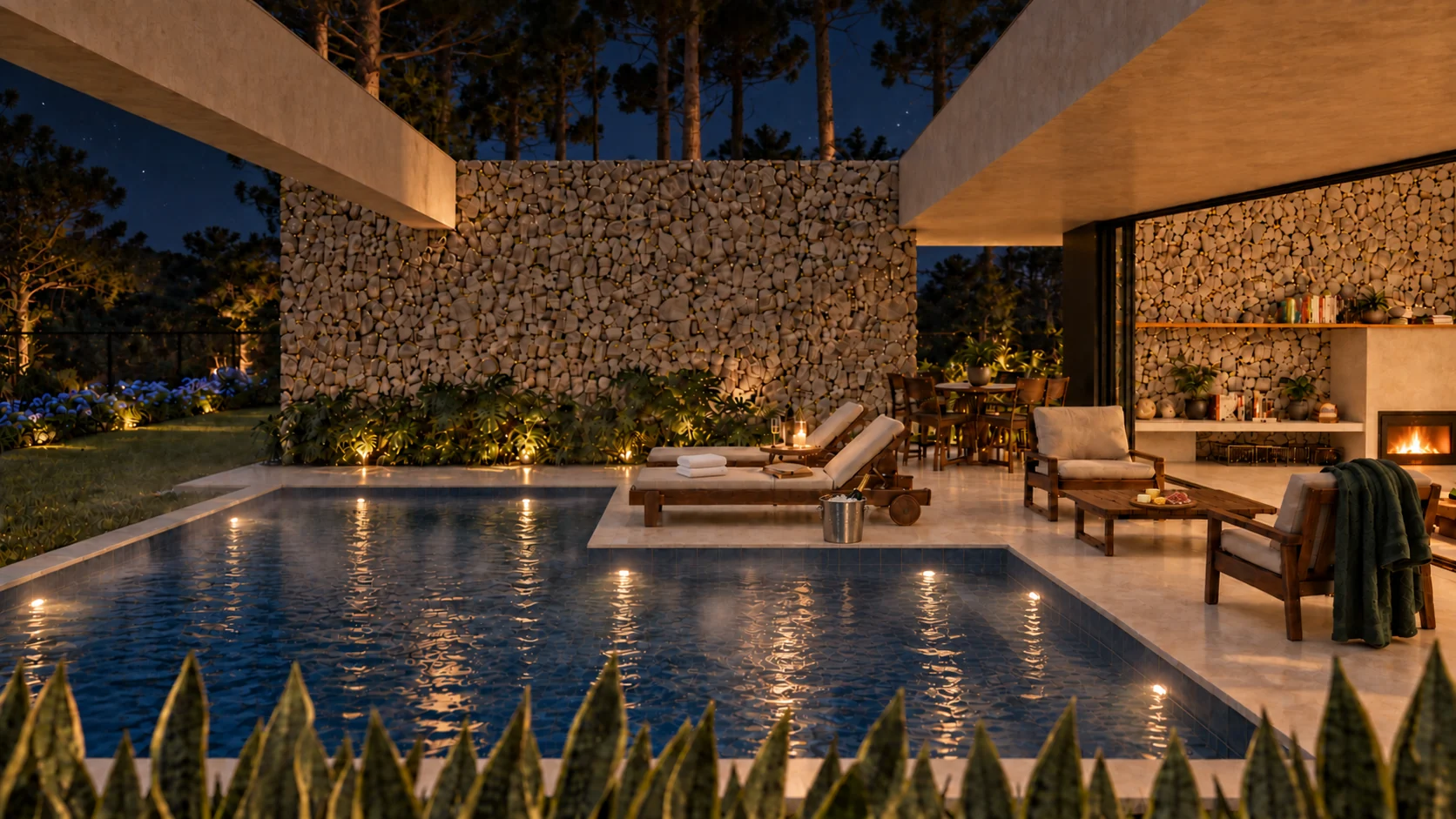 Piscina iluminada à noite junto ao jardim e ao living do ARA.