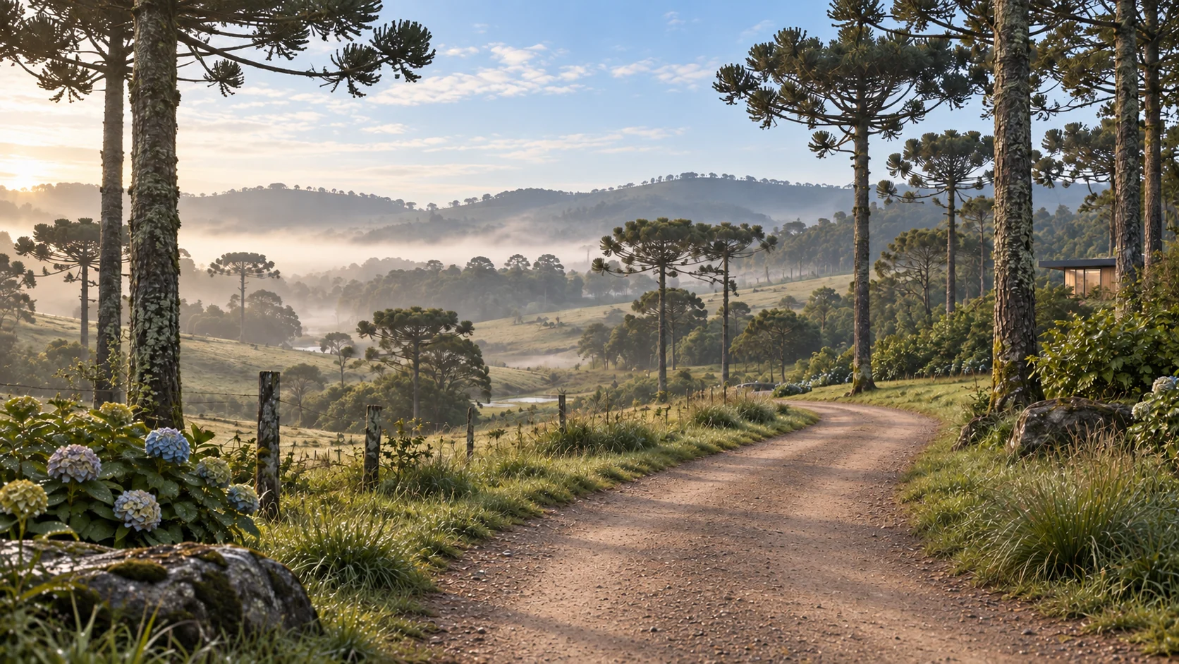 Caminho entre araucárias e paisagem com neblina.
